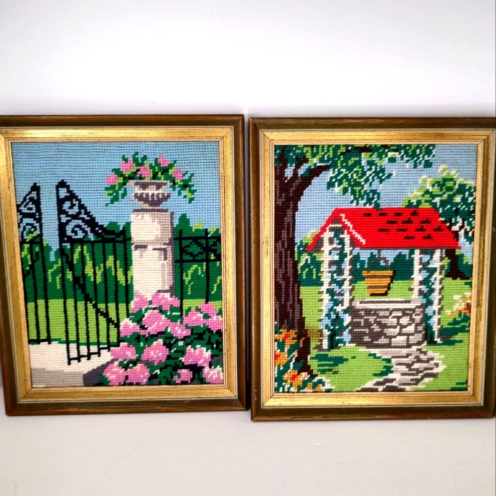 Vintage Set Of 2 Needlepoint  Framed Wall Art Water Well Gazebo Garden Scenic